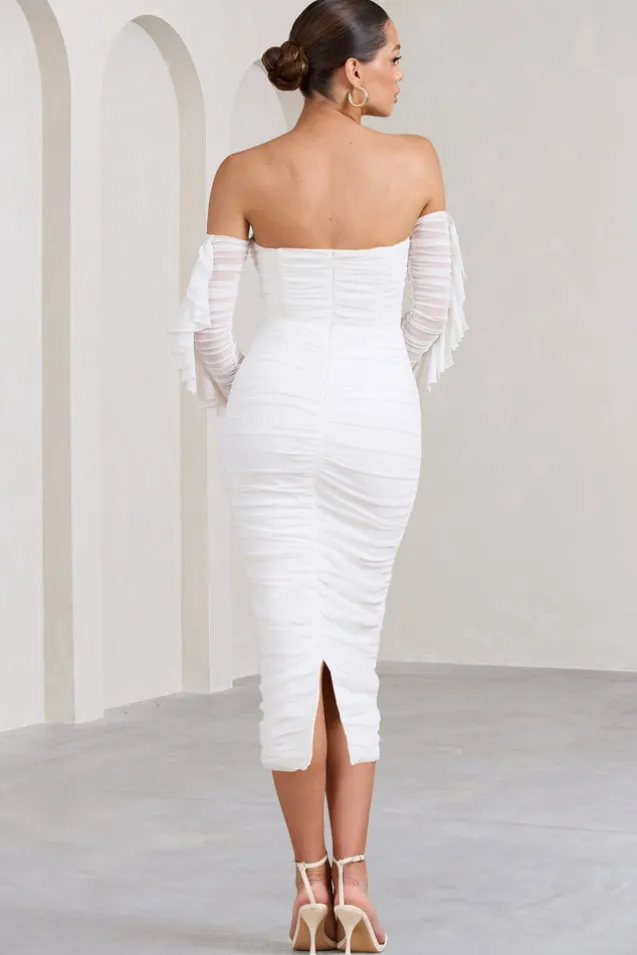 Favor | White Ruched Mesh Bardot Midi Dress