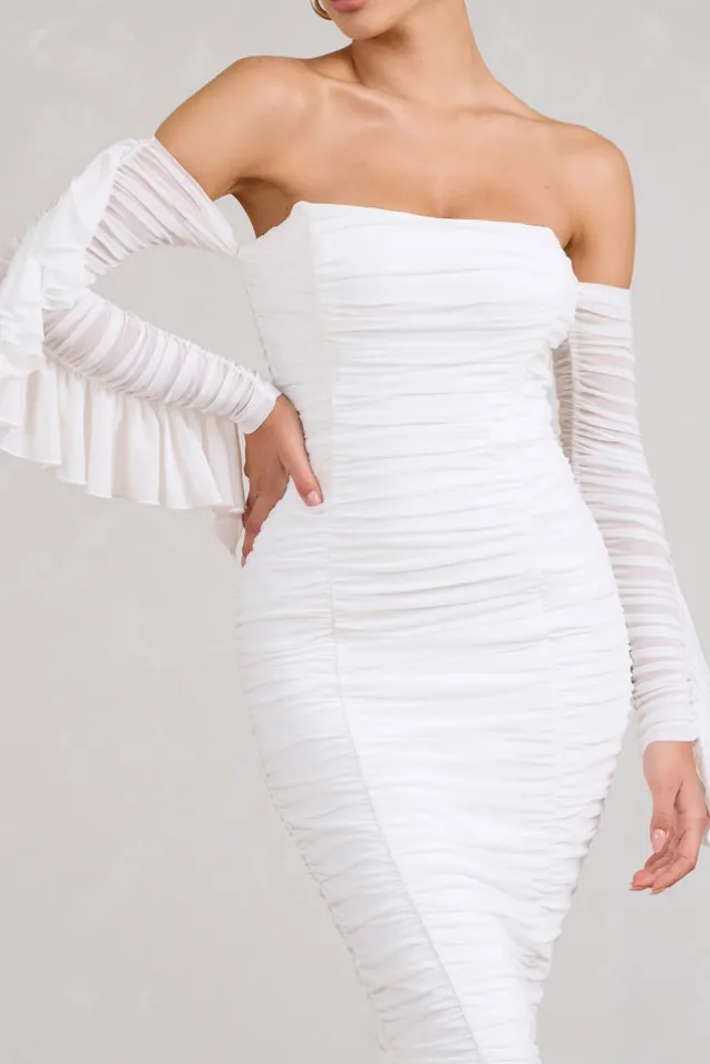 Favor | White Ruched Mesh Bardot Midi Dress