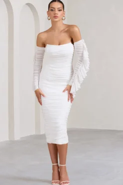 Favor | White Ruched Mesh Bardot Midi Dress