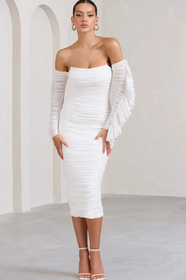 Favor | White Ruched Mesh Bardot Midi Dress