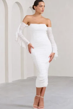 Favor | White Ruched Mesh Bardot Midi Dress
