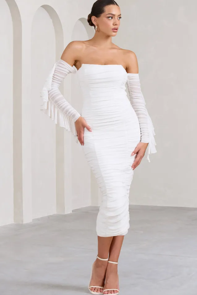 Favor | White Ruched Mesh Bardot Midi Dress
