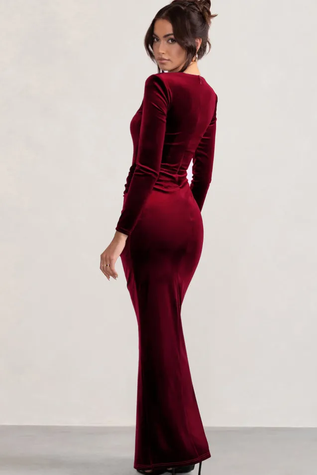 Fay | Berry Velvet Corset Style Knot Maxi Dress