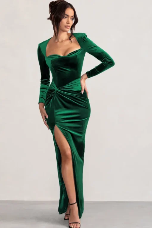 Fay | Bottle Green Velvet Corset Style Knot Maxi Dress