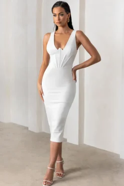 Feeling Good | White Plunge Neck Corset Midi Dress