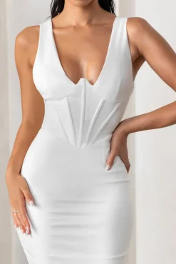 Feeling Good | White Plunge Neck Corset Midi Dress