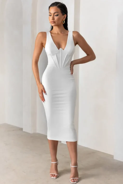 Feeling Good | White Plunge Neck Corset Midi Dress