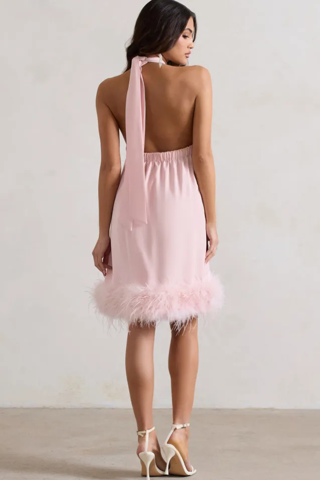 Femme | Pink Halter-Neck Smock Mini Dress With Feather Hem