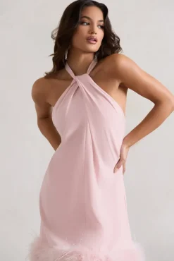 Femme | Pink Halter-Neck Smock Mini Dress With Feather Hem