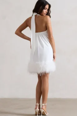 Femme | White Halter-Neck Smock Mini Dress With Feather Hem