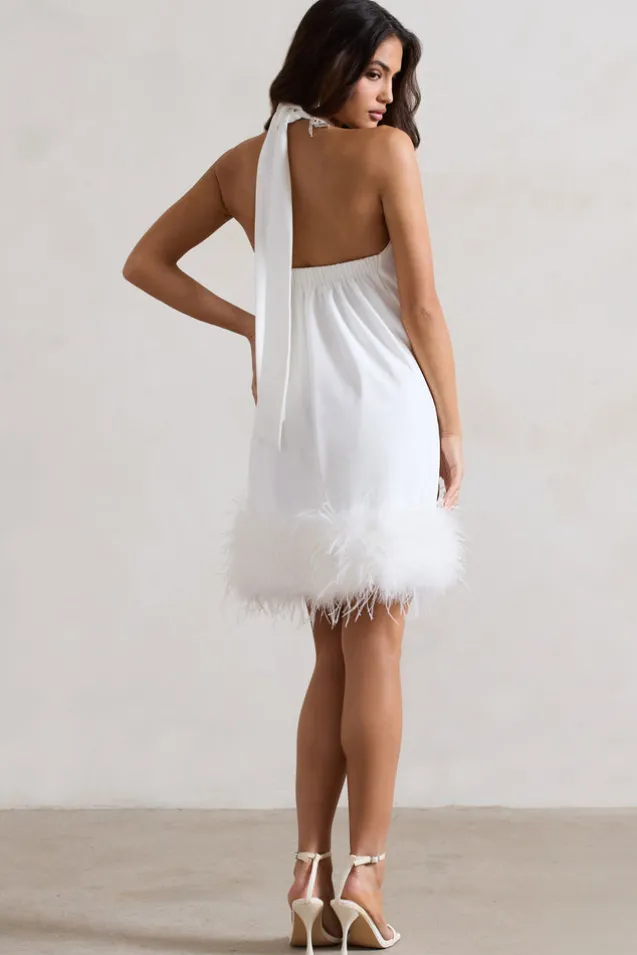 Femme | White Halter-Neck Smock Mini Dress With Feather Hem