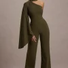 Fenix | Khaki Asymmetric Cape-Sleeve Straight-Leg Jumpsuit
