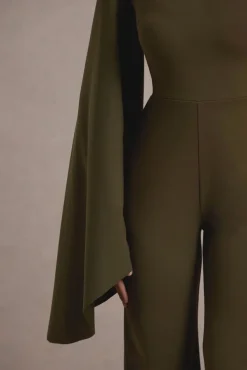 Fenix | Khaki Asymmetric Cape-Sleeve Straight-Leg Jumpsuit