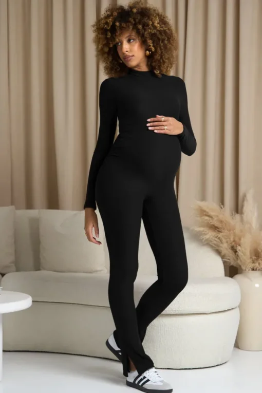 Fia | Black High-Neck Slim-Leg Maternity Jumpsuit