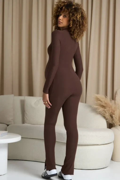 Fia | Chocolate Brown High-Neck Slim-Leg Maternity Jumpsuit