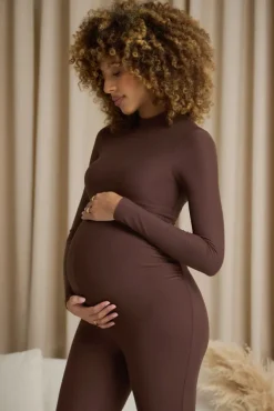 Fia | Chocolate Brown High-Neck Slim-Leg Maternity Jumpsuit