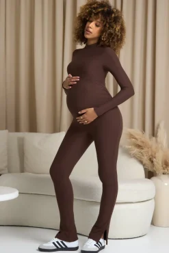 Fia | Chocolate Brown High-Neck Slim-Leg Maternity Jumpsuit