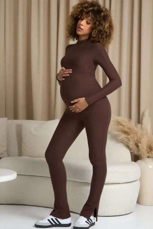 Fia | Chocolate Brown High-Neck Slim-Leg Maternity Jumpsuit