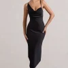 Fillie | Black Satin Asymmetric Cowl-Neck Midi Dress