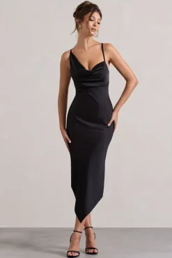 Fillie | Black Satin Asymmetric Cowl-Neck Midi Dress