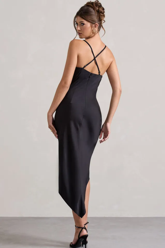 Fillie | Black Satin Asymmetric Cowl-Neck Midi Dress