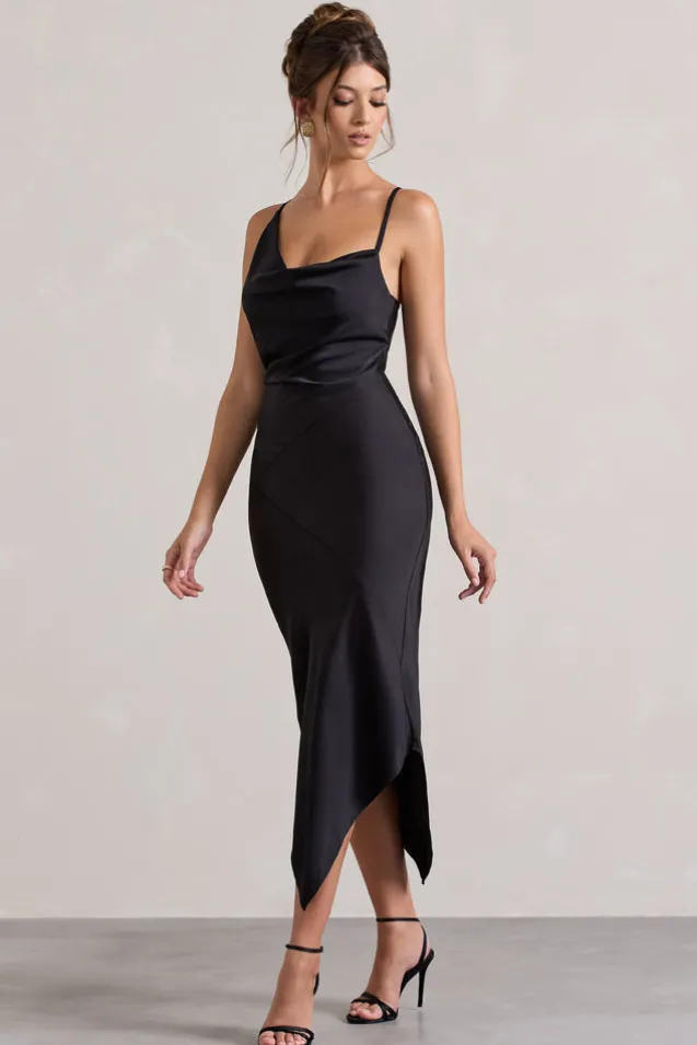 Fillie | Black Satin Asymmetric Cowl-Neck Midi Dress