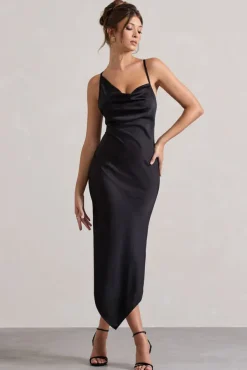 Fillie | Black Satin Asymmetric Cowl-Neck Midi Dress
