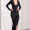 Finale | Black Feather Plunge Neck Thigh Split Maxi Dress