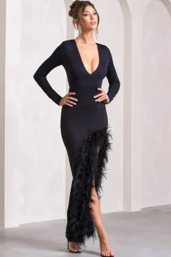 Finale | Black Feather Plunge Neck Thigh Split Maxi Dress