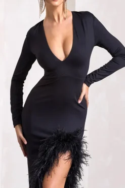 Finale | Black Feather Plunge Neck Thigh Split Maxi Dress