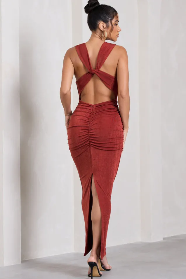 Finely Formed | Rust Red Ruched Cowl-Neck Bodycon Maxi Dress
