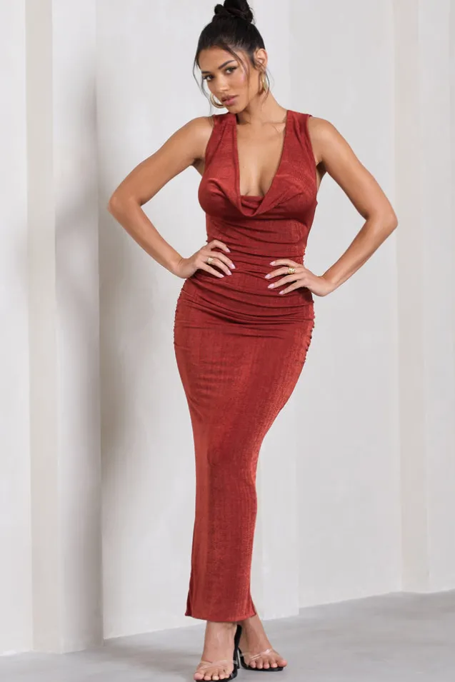Finely Formed | Rust Red Ruched Cowl-Neck Bodycon Maxi Dress