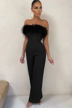 First Class | Black Bandeau Feather Wide Leg Jumpsuit