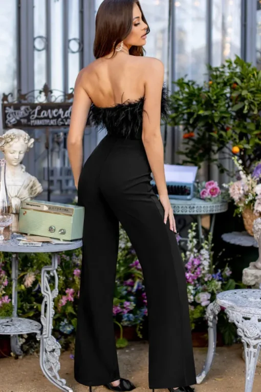 First Class | Black Bandeau Feather Wide Leg Jumpsuit