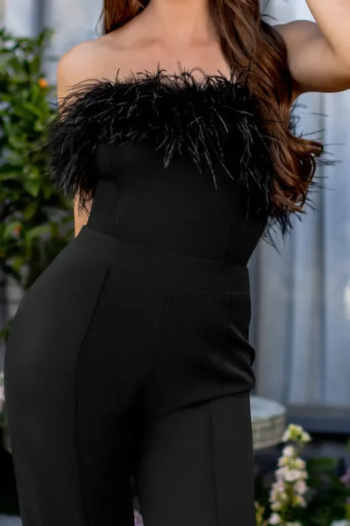 First Class | Black Bandeau Feather Wide Leg Jumpsuit