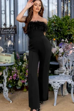 First Class | Black Bandeau Feather Wide Leg Jumpsuit