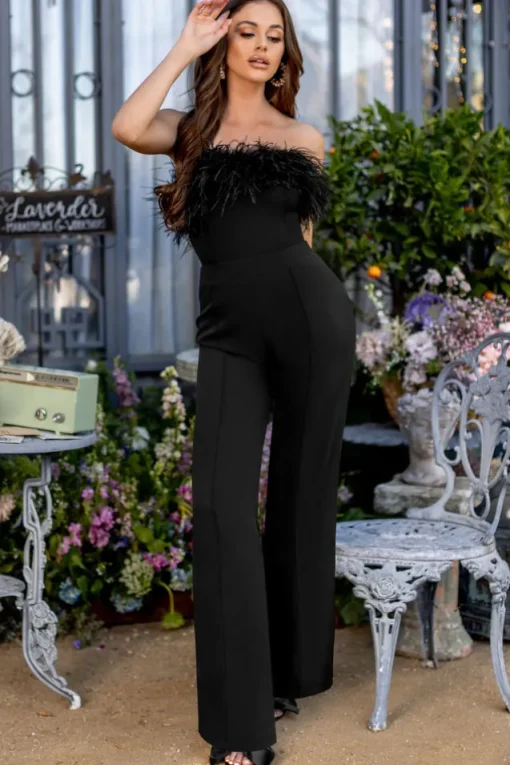 First Class | Black Bandeau Feather Wide Leg Jumpsuit