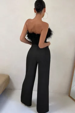 First Class | Black Petite Bandeau Feather Wide Leg jumpsuit