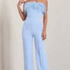 First Class | Blue Bandeau Feather Wide Leg jumpsuit