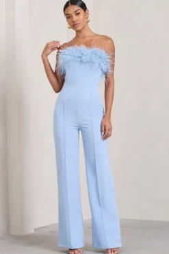 First Class | Blue Bandeau Feather Wide Leg jumpsuit