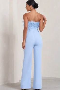 First Class | Blue Bandeau Feather Wide Leg jumpsuit