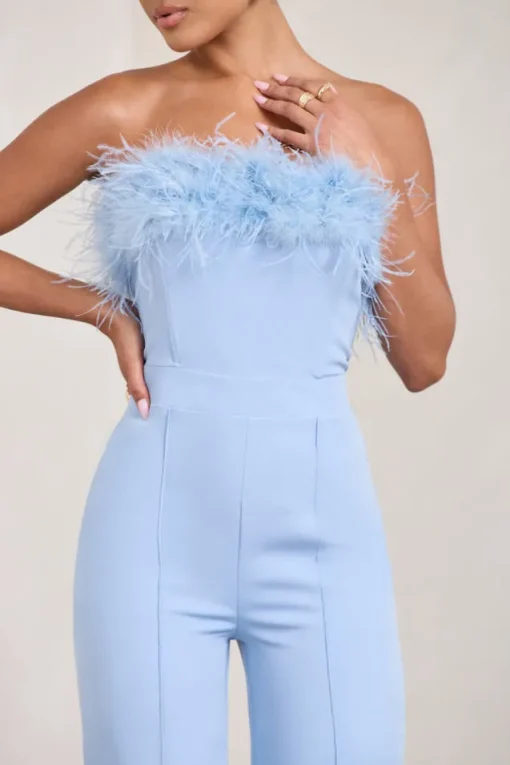 First Class | Blue Bandeau Feather Wide Leg jumpsuit