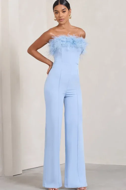 First Class | Blue Bandeau Feather Wide Leg jumpsuit