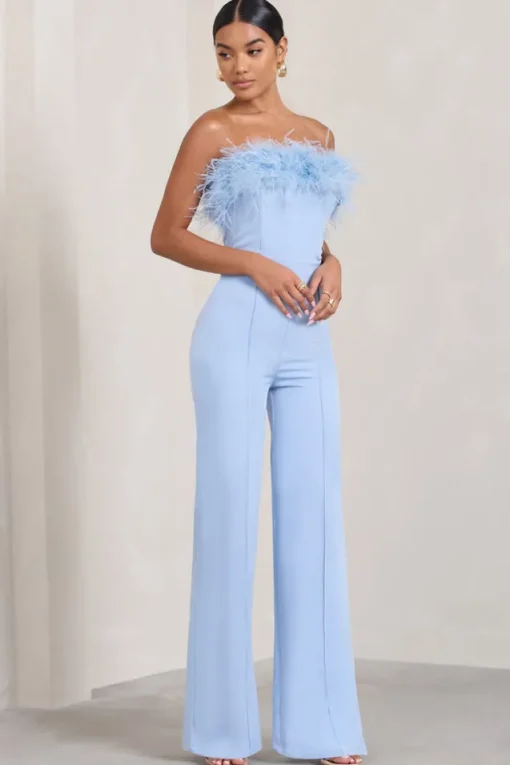 First Class | Blue Bandeau Feather Wide Leg jumpsuit