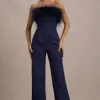 First Class | Navy Bandeau Feather Wide Leg Jumpsuit