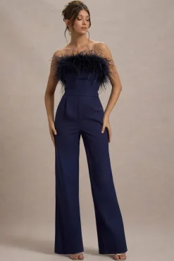 First Class | Navy Bandeau Feather Wide Leg Jumpsuit
