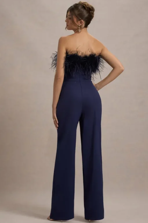 First Class | Navy Bandeau Feather Wide Leg Jumpsuit