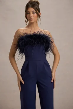 First Class | Navy Bandeau Feather Wide Leg Jumpsuit