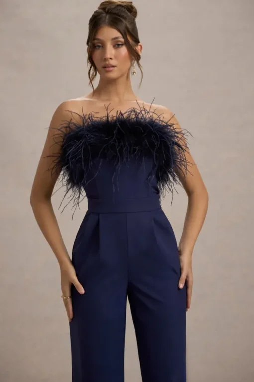 First Class | Navy Bandeau Feather Wide Leg Jumpsuit