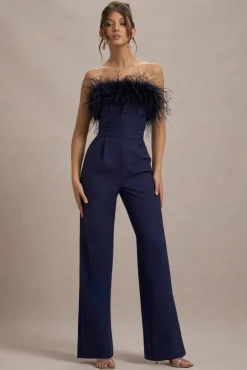 First Class | Navy Bandeau Feather Wide Leg Jumpsuit